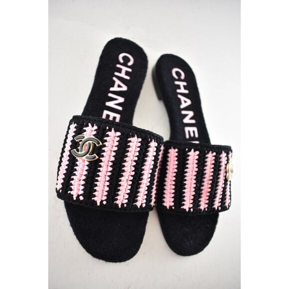 Chanel 24M Black Pink Crochet Stripe Camellia Flower Logo Mule Slide Sandal 39 - Picture 8 of 16
